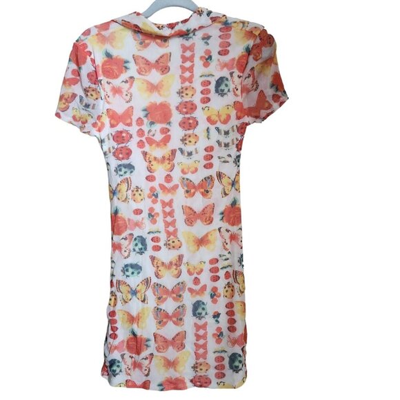 Urban Outfitters Y2K Riko Mesh Orange Butterfly Mini Dress Size M Ruched Button - Picture 5 of 14